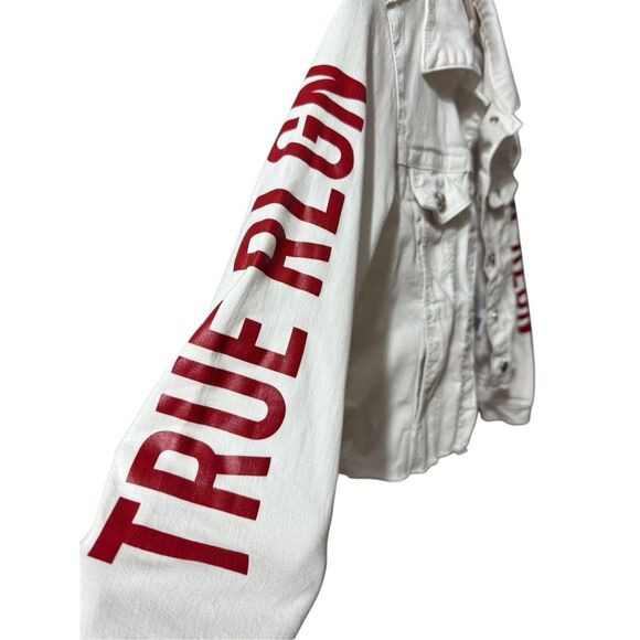True Religion Fashion trucker with Red Logo on Sleeves Sz XS White Jean Jacket - Picture 9 of 11